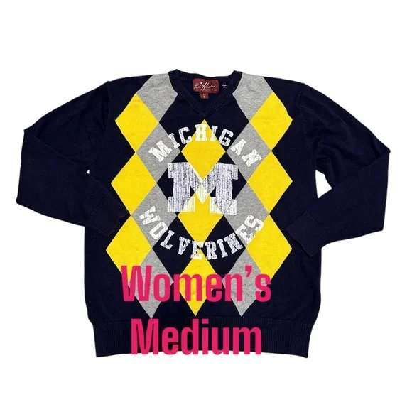 Michigan University Medium V-Neck Sweater Argyle Diamond Navy Blue Maze Gray - Picture 2 of 7